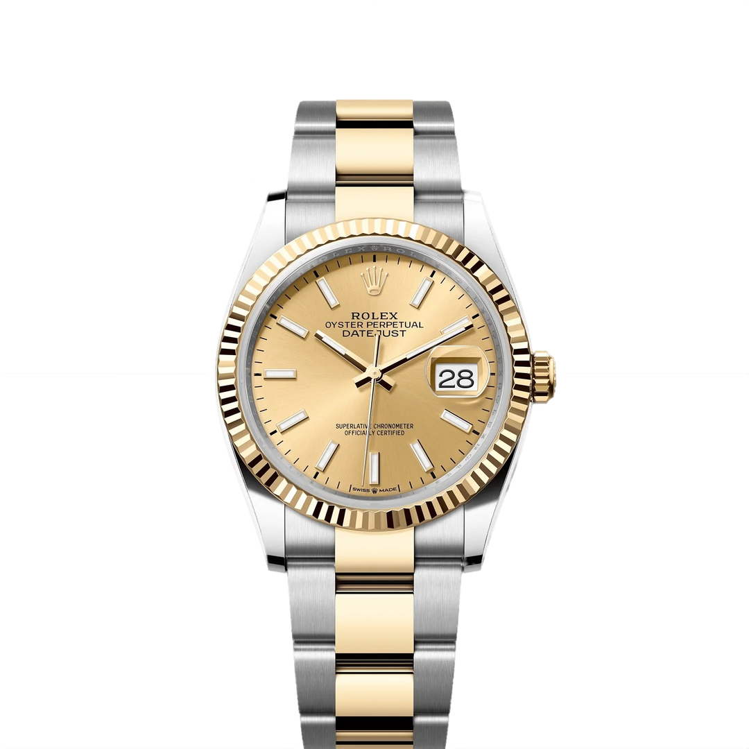 Rolex Datejust 36mm 2 Tone 18k Yellow Gold & Stainless Steel Champagne Dial Fluted Bezel Oyster Watch 126233