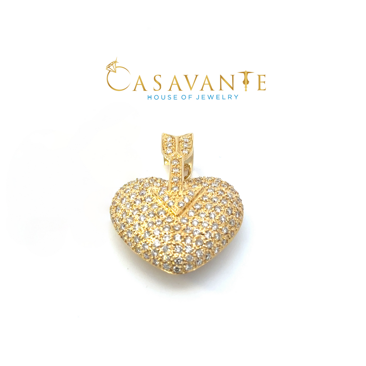 18K Yellow Gold 1 1/2ctw Diamond Arrow Heart Pendant.