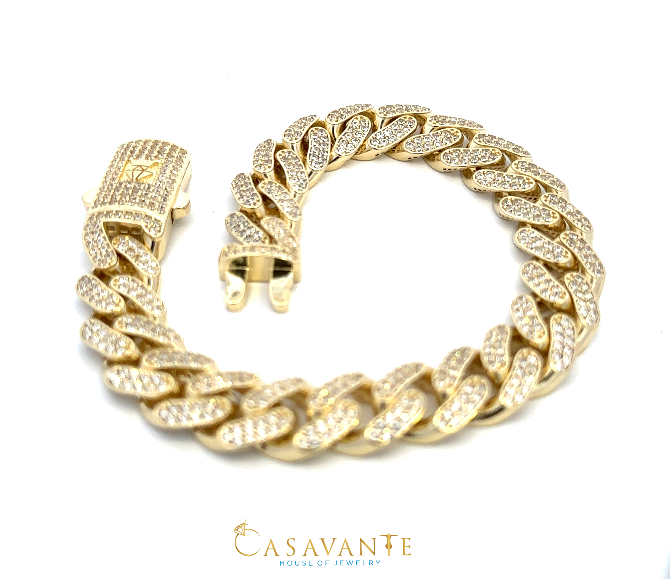 10k yellow gold Cz round Monaco bracelet / 8 inches / 11mm.