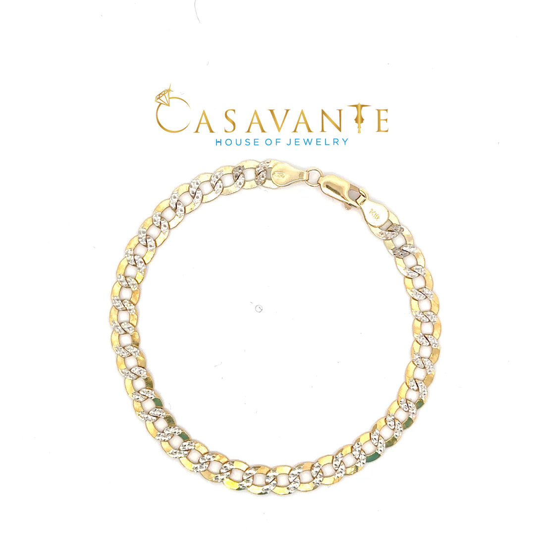 14K Two Tone Flat Curb White Diamond Cut Bracelet 6mm 8 Inches